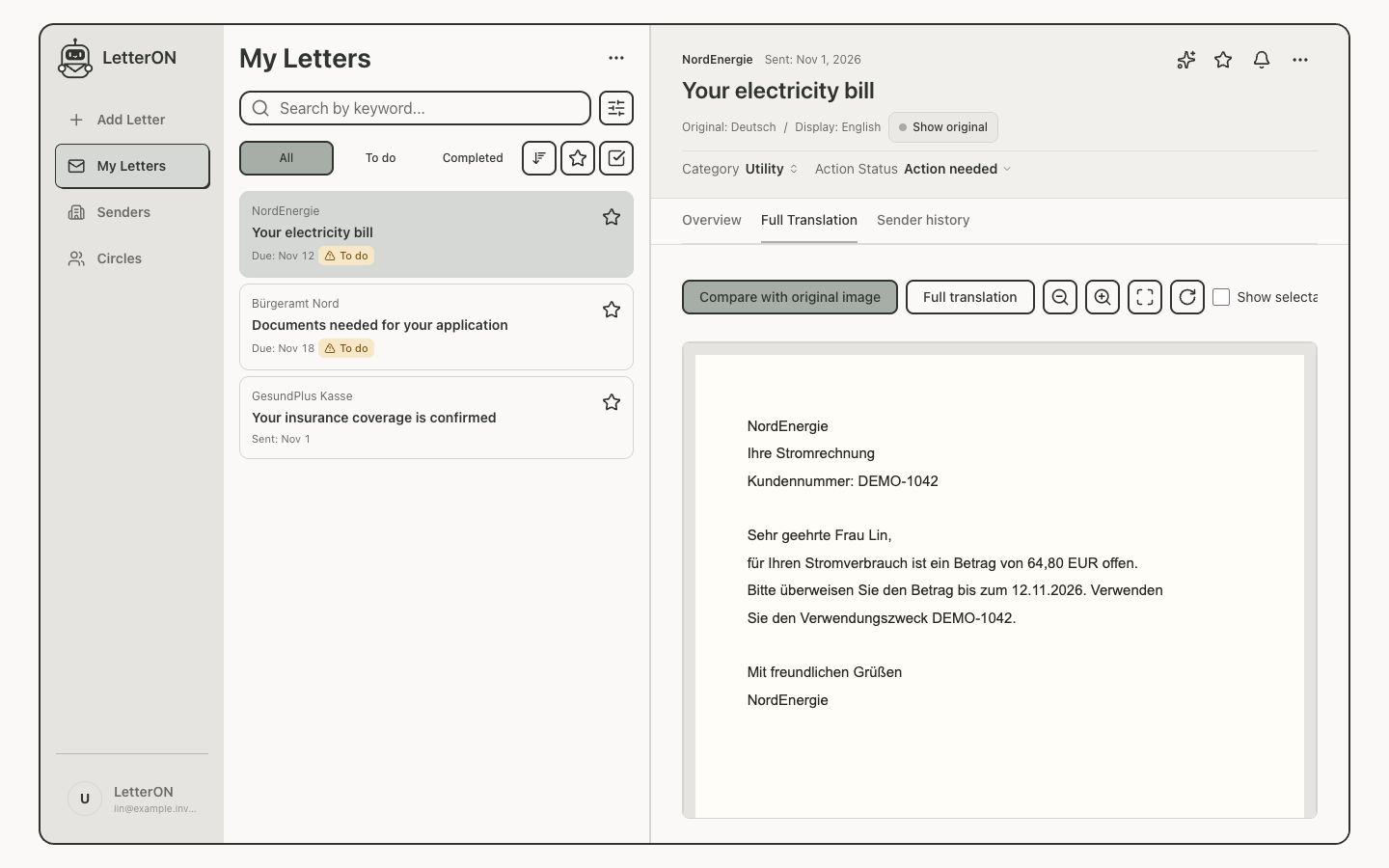 Actual LetterON original document view with a fictional German electricity bill.