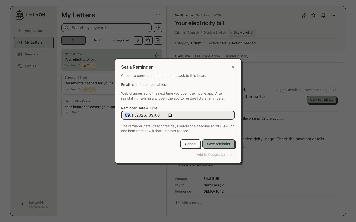 Actual LetterON reminder dialog, showing the chosen reminder date and time.