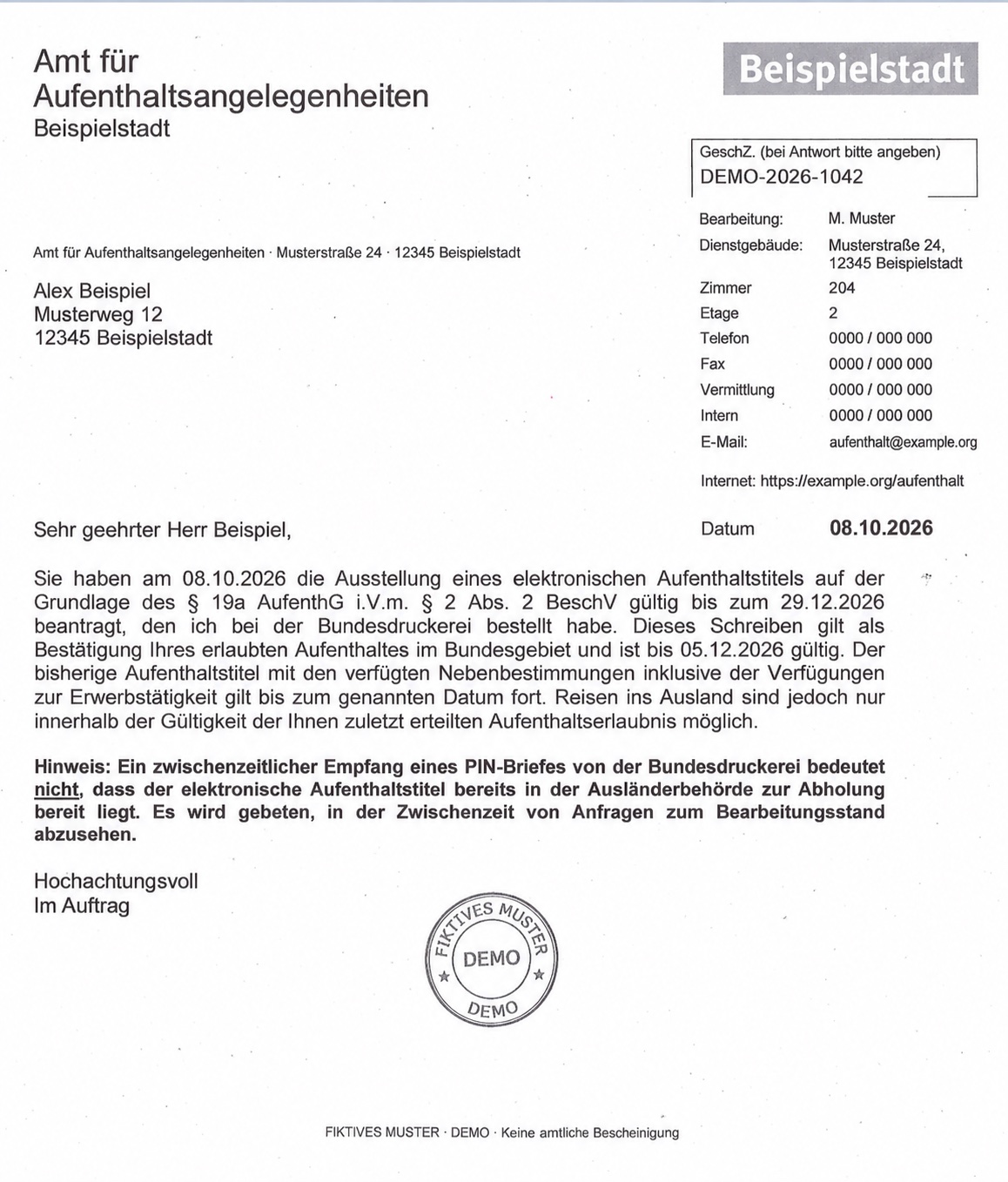Edited German residence notice with fictional personal details, dated 8 October 2026.